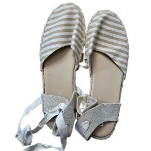 Lexi & Abbie Women's Beige & White Striped Espadrille Flats With Wraparound Ties